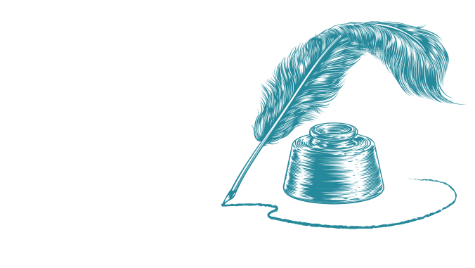 Teal illustration of a feather quill writing beside an open ink bottle.